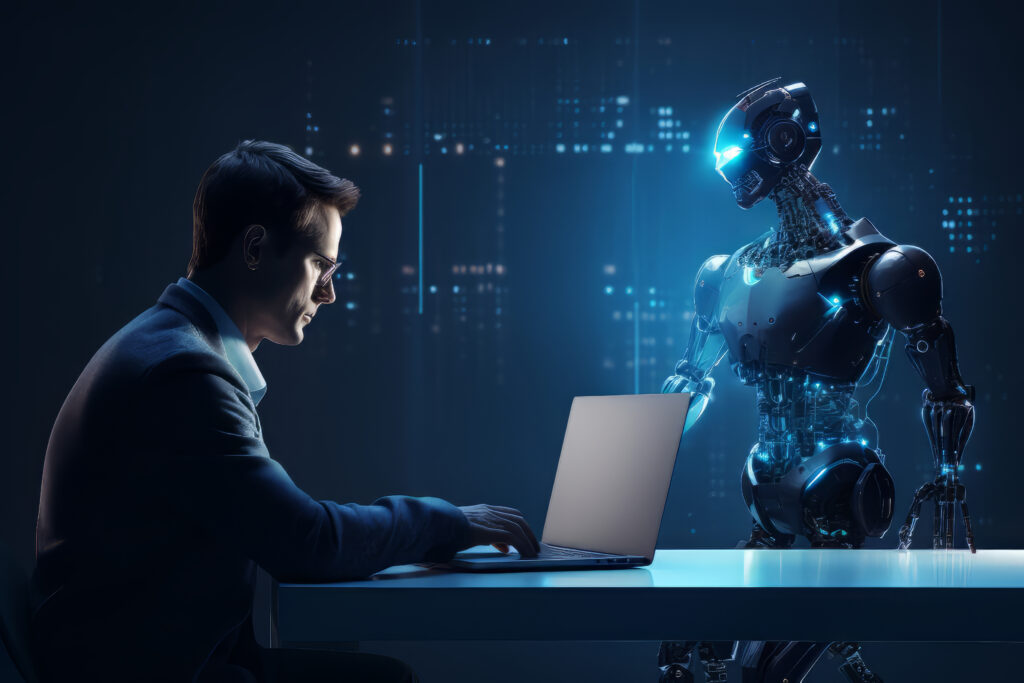 This Image Shows a Robot And a Human working on a computer background was dark blue