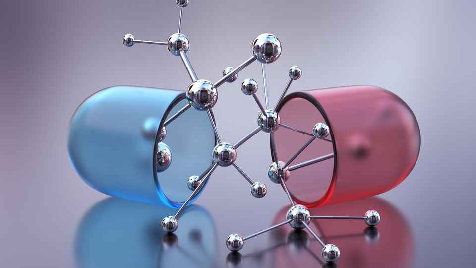 AI in drug discovery concept with capsules, chemical structures, and digital technology integration.