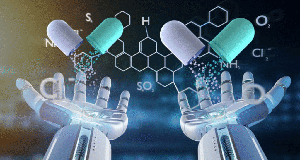 Artificial intelligence in drug discovery concept showing robotic hands analyzing capsules with chemical structures in the background.