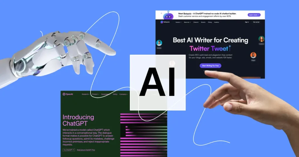 Composite image showing AI-powered landing page elements—copy, visuals, and layout—demonstrating how AI tools can auto-generate landing page components.