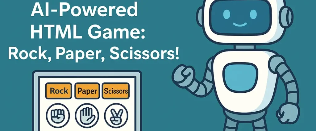 A snapshot of an AI-powered Rock-Paper-Scissors HTML game interface, showing interactive buttons for Rock, Paper, Scissors and hinting at logic that adapts to player behavior.