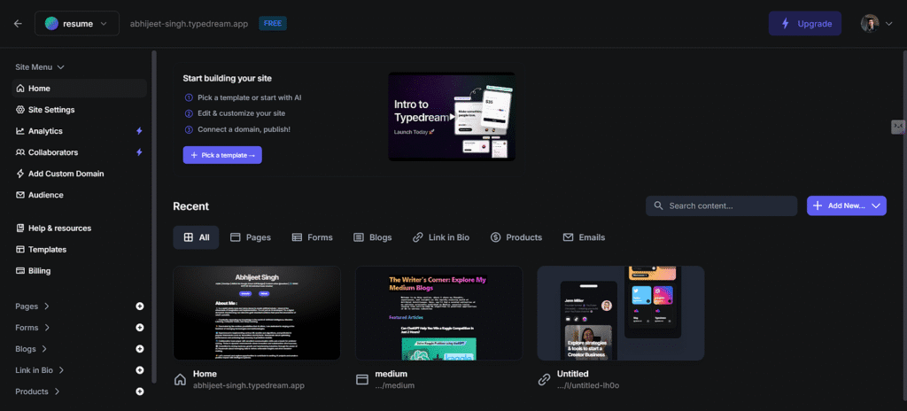 Dark themed portfolio page with multiple project cards and thumbnails.