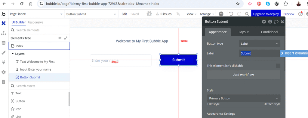 A clean view of Bubble Editor’s toolbar and UI panels from a beginner tutorial, showcasing elements like design, workflow, and data tabs.
