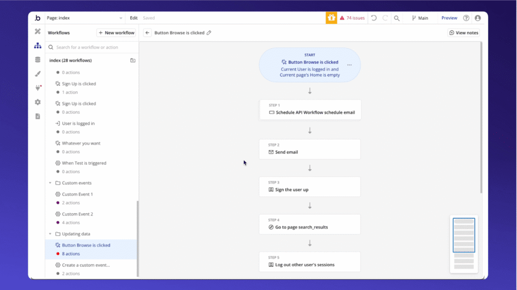 Updated Bubble workflow tab layout with folders and improved navigation, showcasing organization enhancements for managing workflows at scale