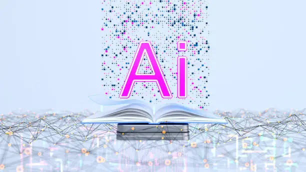 Visual metaphor for AI learning: The letters 'Ai' rise from the pages of an open digital book, surrounded by a complex network and dissipating data points, symbolizing the acquisition of information.