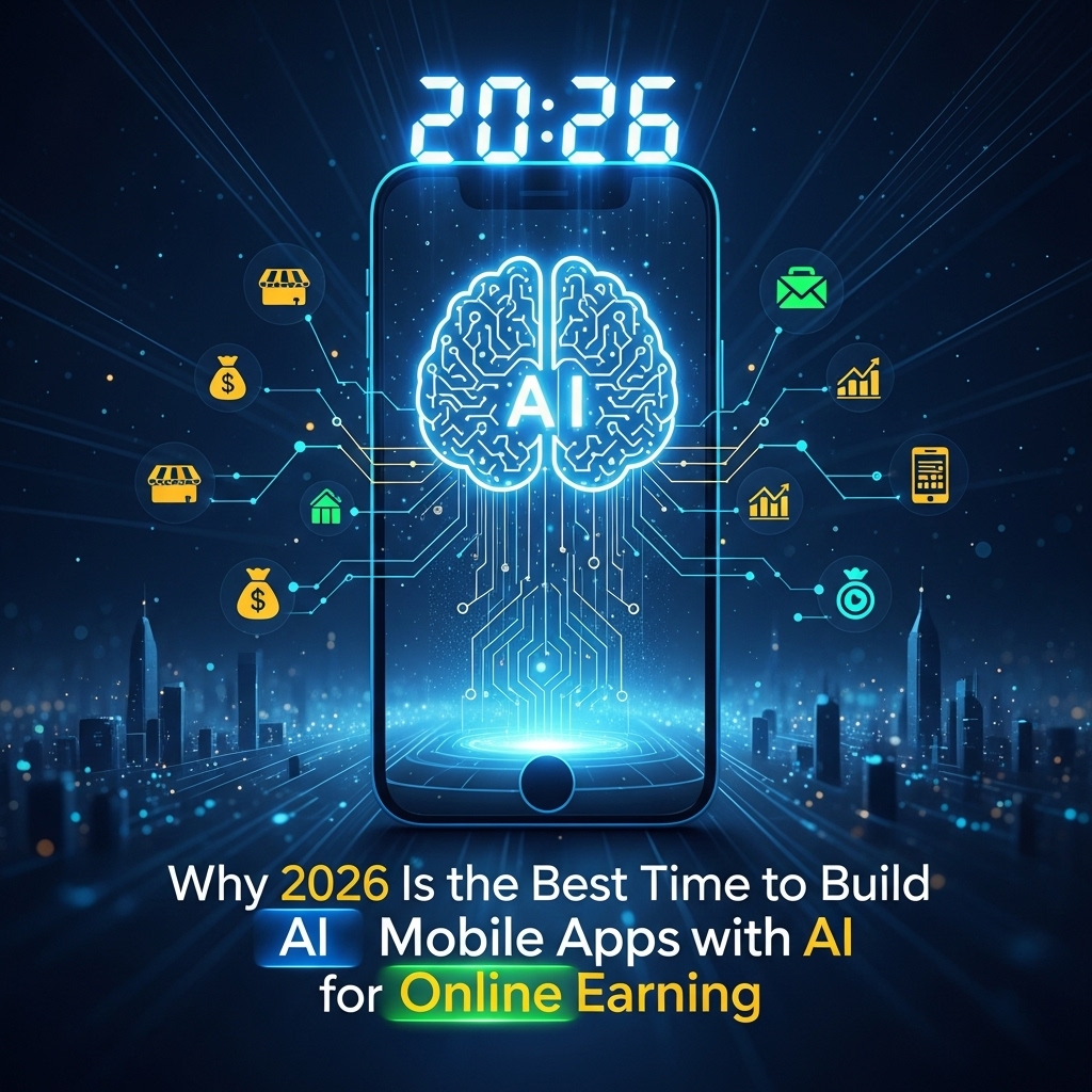 AI-powered mobile app ecosystem in 2026 showing how artificial intelligence enables scalable online earning