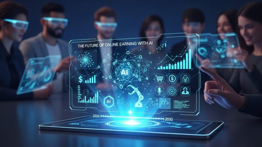 AI powered digital dashboard showing the future of online earning with artificial intelligence, data analytics, and automated business growth.
