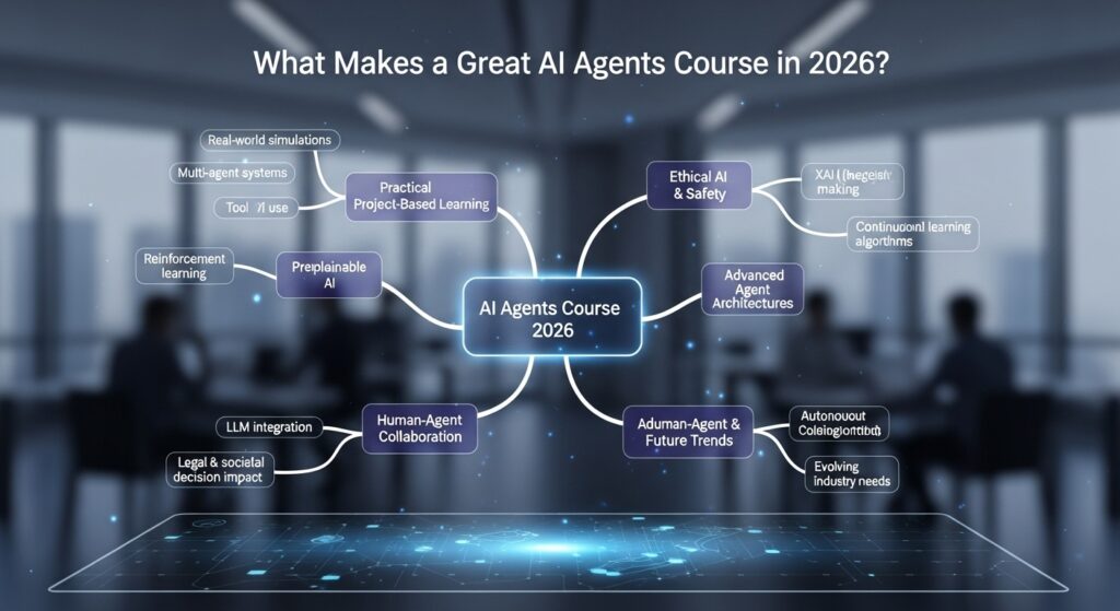 Mind map illustrating key components of a modern AI agents course, including ethics, architectures, and real-world projects.