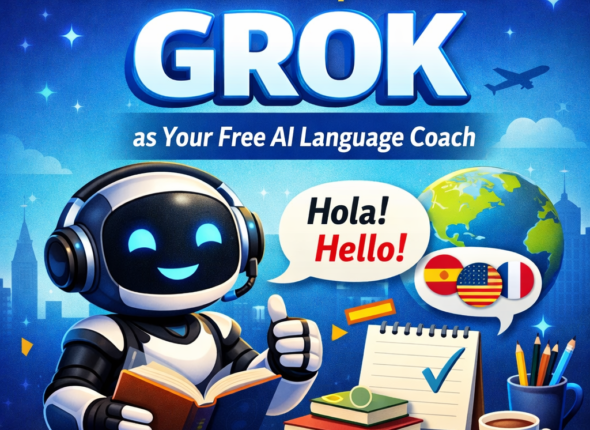 Illustration showing Grok AI as a free language coach with the headline “10 Powerful Prompts to Use Grok as Your Free AI Language Coach”, featuring an AI assistant helping users learn multiple languages through conversation and prompts