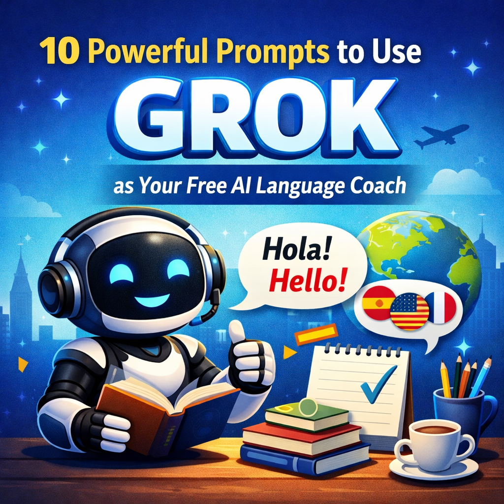 Illustration showing Grok AI as a free language coach with the headline “10 Powerful Prompts to Use Grok as Your Free AI Language Coach”, featuring an AI assistant helping users learn multiple languages through conversation and prompts