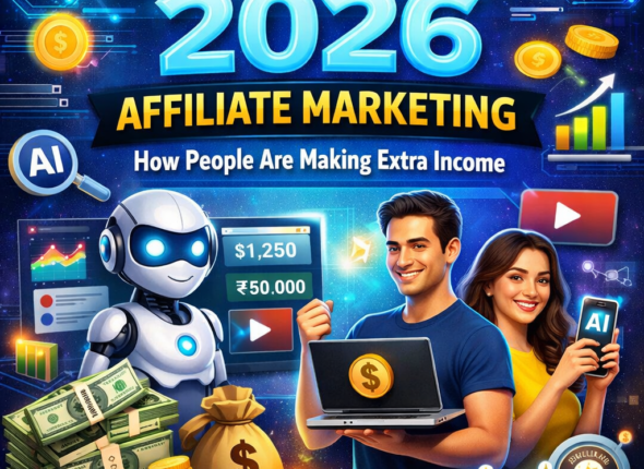 Affiliate marketing with AI showing best AI tools in 2026, automated income generation, content creation, and people earning extra income online