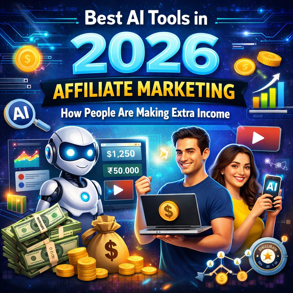 Affiliate marketing with AI showing best AI tools in 2026, automated income generation, content creation, and people earning extra income online