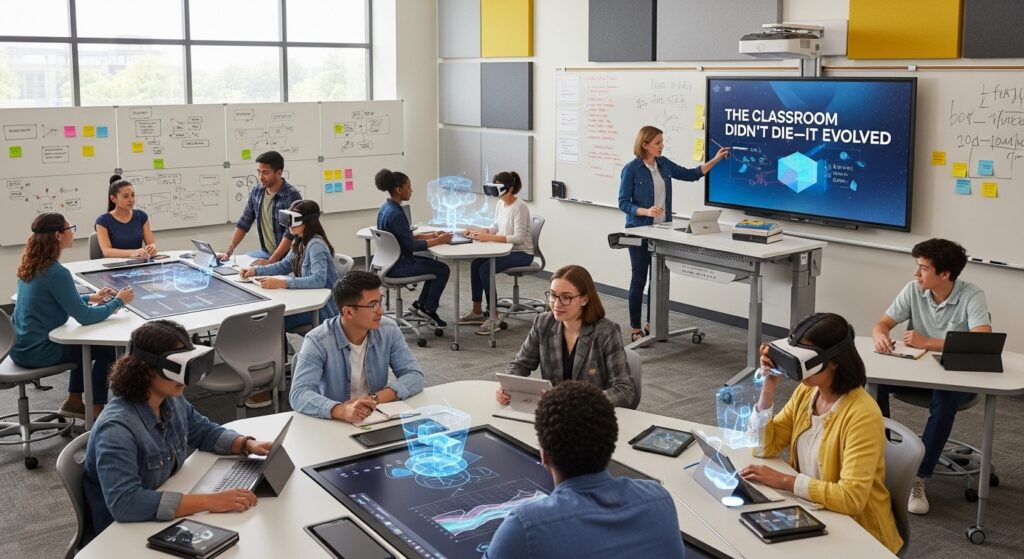 AI replacing classrooms with immersive smart classrooms using AI tutors, VR learning, and collaborative digital education tools