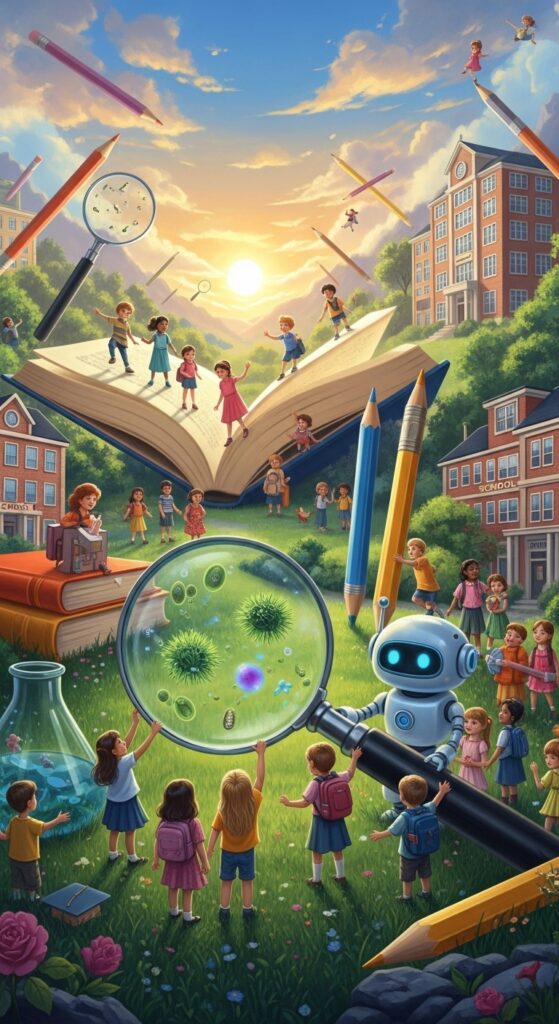 AI replacing classrooms in the future of education with AI tutors guiding children through curiosity-based learning