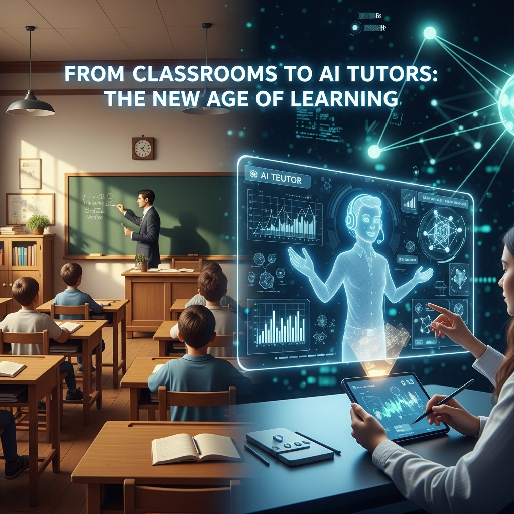AI replacing classrooms illustrated by comparison between traditional classrooms and AI tutor-based learning systems