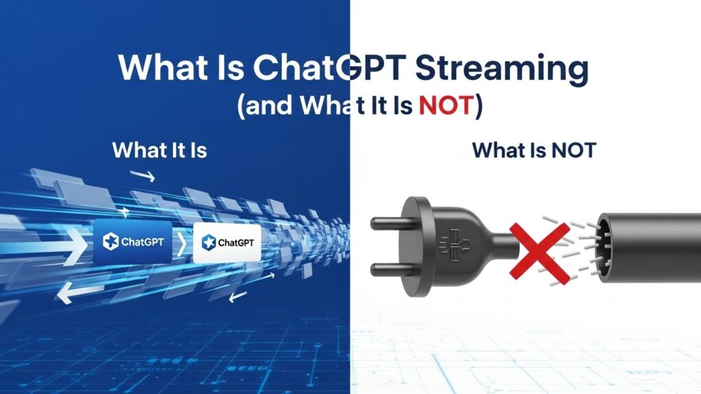 Visual comparison showing what ChatGPT streaming is and what it is not, highlighting legal content discovery versus illegal movie streaming