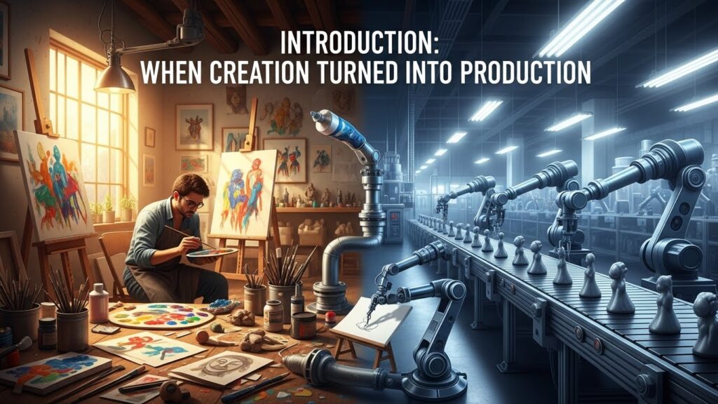 AI-generated content on YouTube showing creators competing with automated systems in a digital future landscape