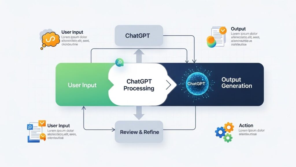 ChatGPT streaming workflow diagram showing user input, AI processing, review, and output generation for discovering free legal movie streaming platforms