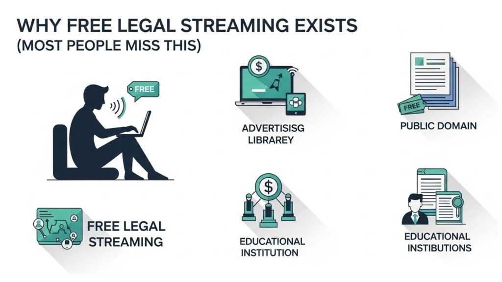 Infographic explaining why free legal streaming exists, including advertising libraries, public domain content, and educational institutions powered by ChatGPT streaming research