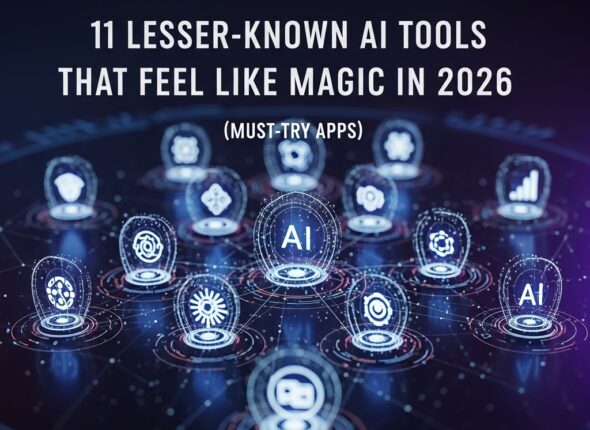 Square graphic with a futuristic AI network background and glowing hologram icons surrounding a central “AI” symbol. Text reads: “11 Lesser-Known AI Tools That Feel Like Magic in 2026 (Must-Try Apps)”.