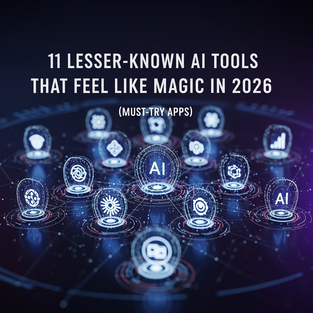 Square graphic with a futuristic AI network background and glowing hologram icons surrounding a central “AI” symbol. Text reads: “11 Lesser-Known AI Tools That Feel Like Magic in 2026 (Must-Try Apps)”.
