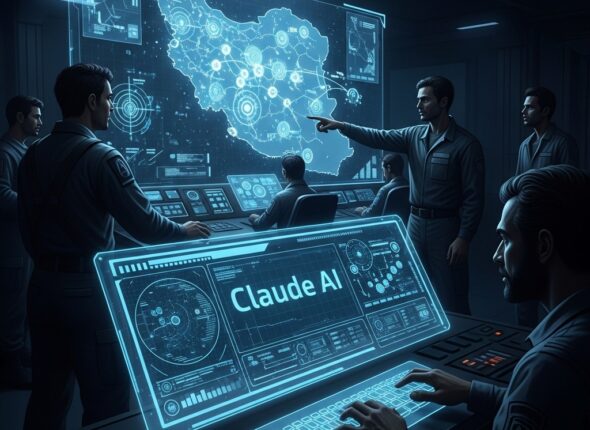 AI Warfare futuristic soldier analyzing battlefield intelligence using advanced artificial intelligence system