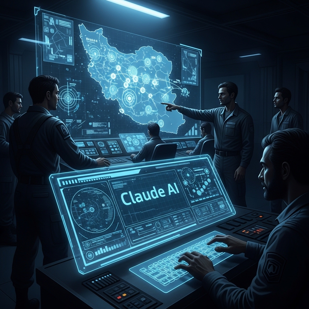 AI Warfare futuristic soldier analyzing battlefield intelligence using advanced artificial intelligence system