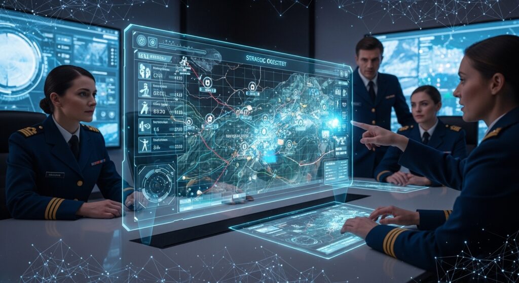 AI Warfare military strategy command center using artificial intelligence for battlefield intelligence analysis