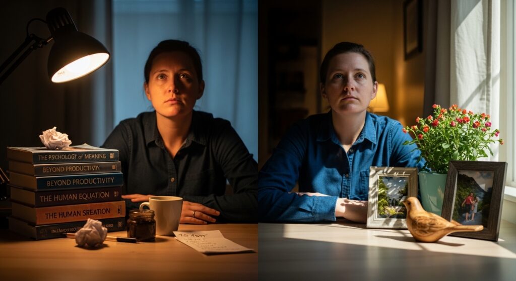 Contrast between productivity-driven work and personal fulfillment illustrating the future of human work in an AI-driven world