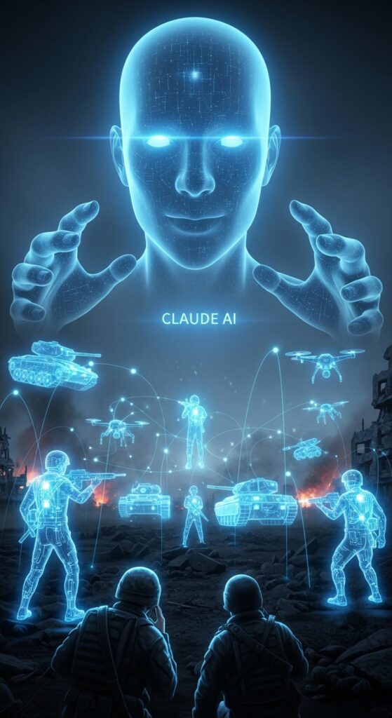 AI Warfare concept illustration showing Claude AI analyzing drones, tanks and soldiers in futuristic battlefield
